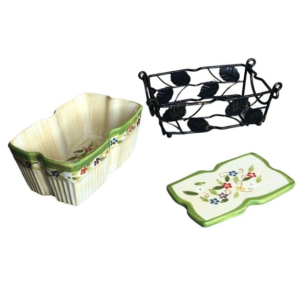 Temp-tations Old World Bakeware Bread Pan Basket Trivet Green Red Blue Casserole - Picture 14 of 16